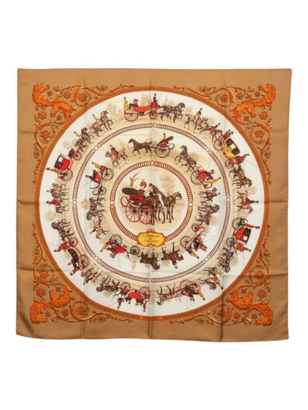Hermes Carre 90 la Promenade de Walk to Long Chien Scarf Beige Multicolor Silk